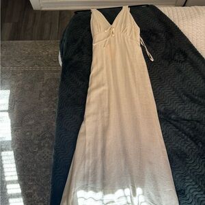 Cream Linen-Style Midi Dress | Tie Front | Smocked Back NWT